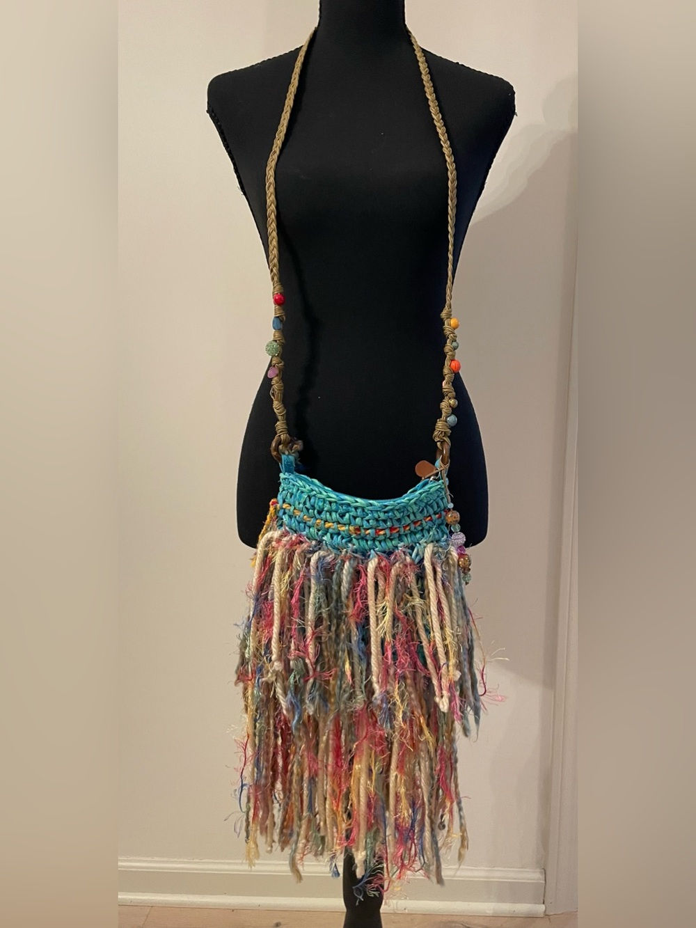 Rare Boho Multicolor Fringe Crossbody Bag - Turquoise Zipper Top Beaded Sides